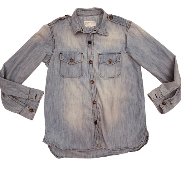 Current/Elliott The Perfect Shirt Sunfaded Chambray Button Down Shrunken Fit - Picture 3 of 9